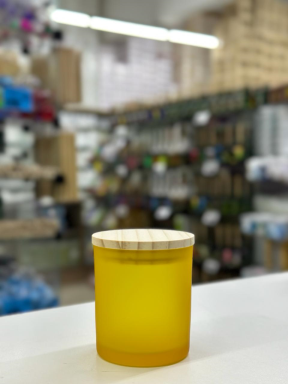 PORTA VELA DE VIDRO 220ML R:23124 FOSCO AMARELO C/TP MADEIRA - UNID